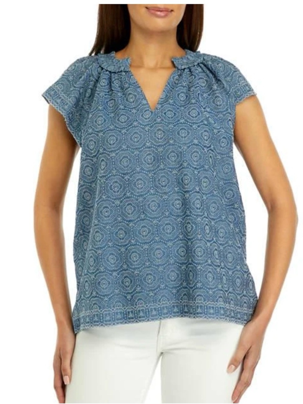 crown & ivy Blue Printed Notch-Neck Cap Sleeve Top